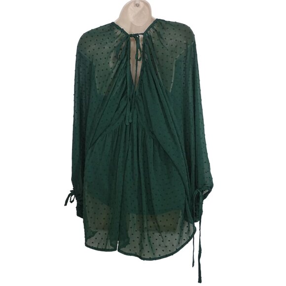 Entro Green Sheer Swiss Dot V-Neck Long Sleeve Blouse Top Women Size L - Picture 3 of 8